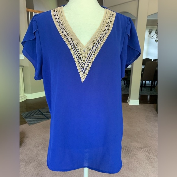 Royal Blue XL Elegant V-Neck Top with Lace Trim, EUC - Picture 1 of 4